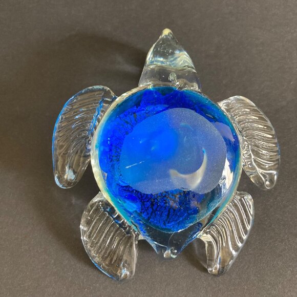 Art Glass Sea Turtle Blue And Silver Figurine Paperweight - Picture 6 of 7